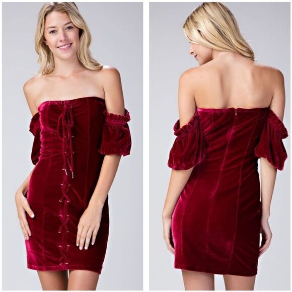 Crushed Velvet Lace Up Off Shoulder Cocktail Dress - Picture 2 of 3